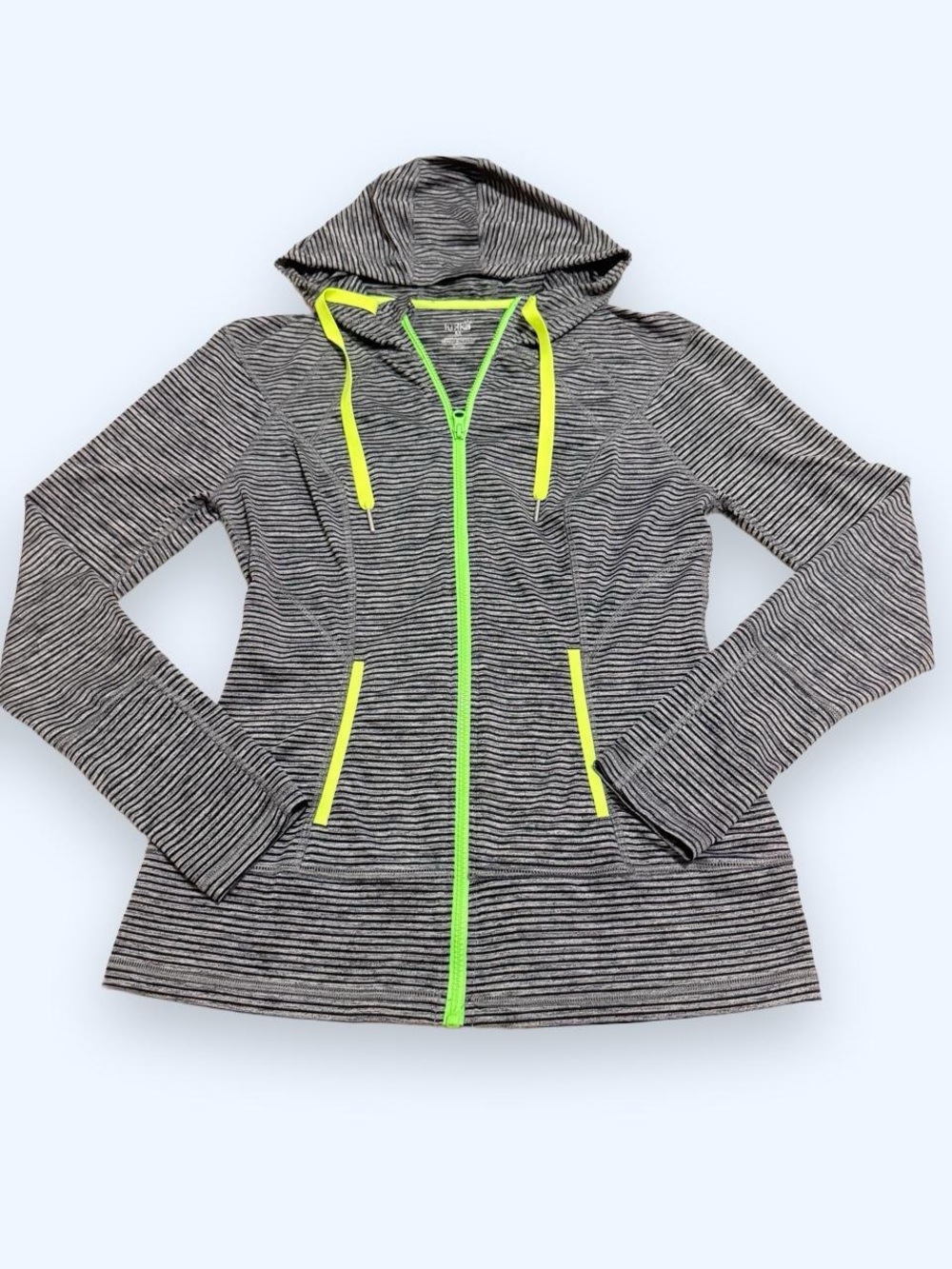lukka Black & White Striped Hooded Zip Jacket with Neon Yellow Trim